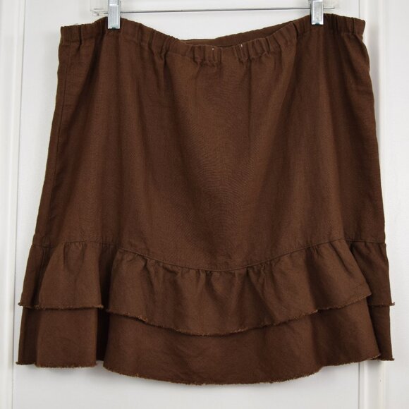 Old Navy Linen Skirt Women 12 Brown Midi Tier Ruffle Hemline Drawstring Waist - Picture 2 of 6